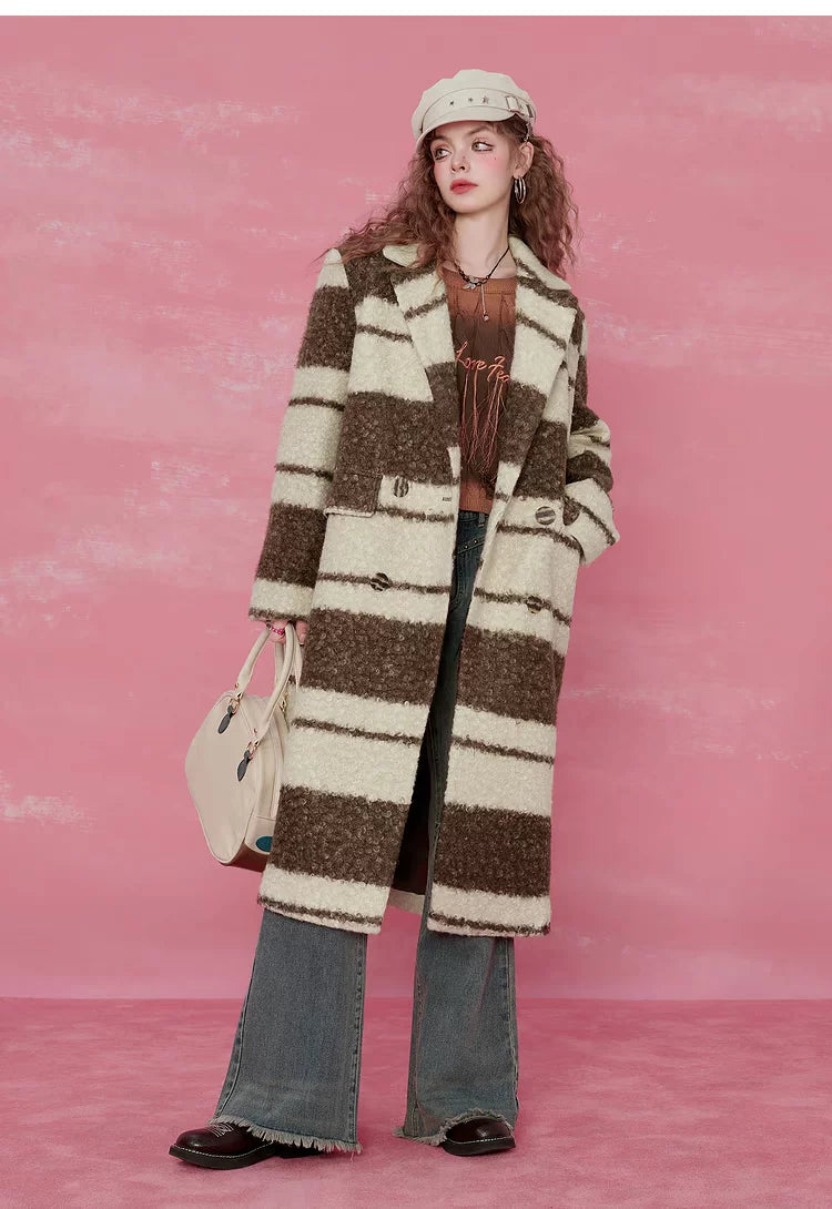Contrast Stripe Fake Wool Mid-Length Coat