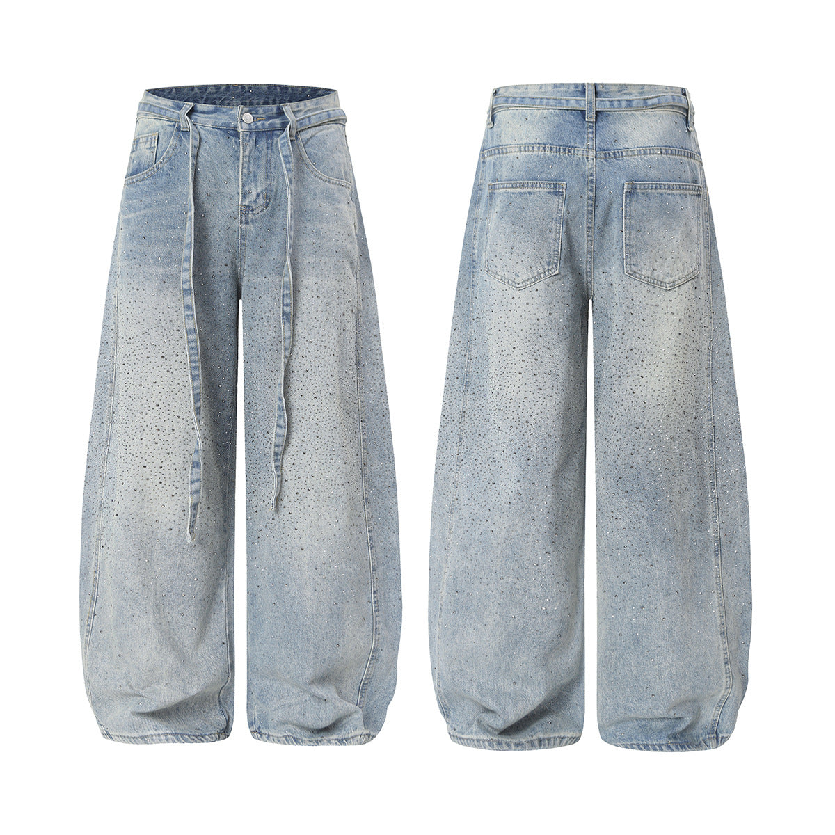 Rhinestone Drawstring Wide Leg Denim Jeans