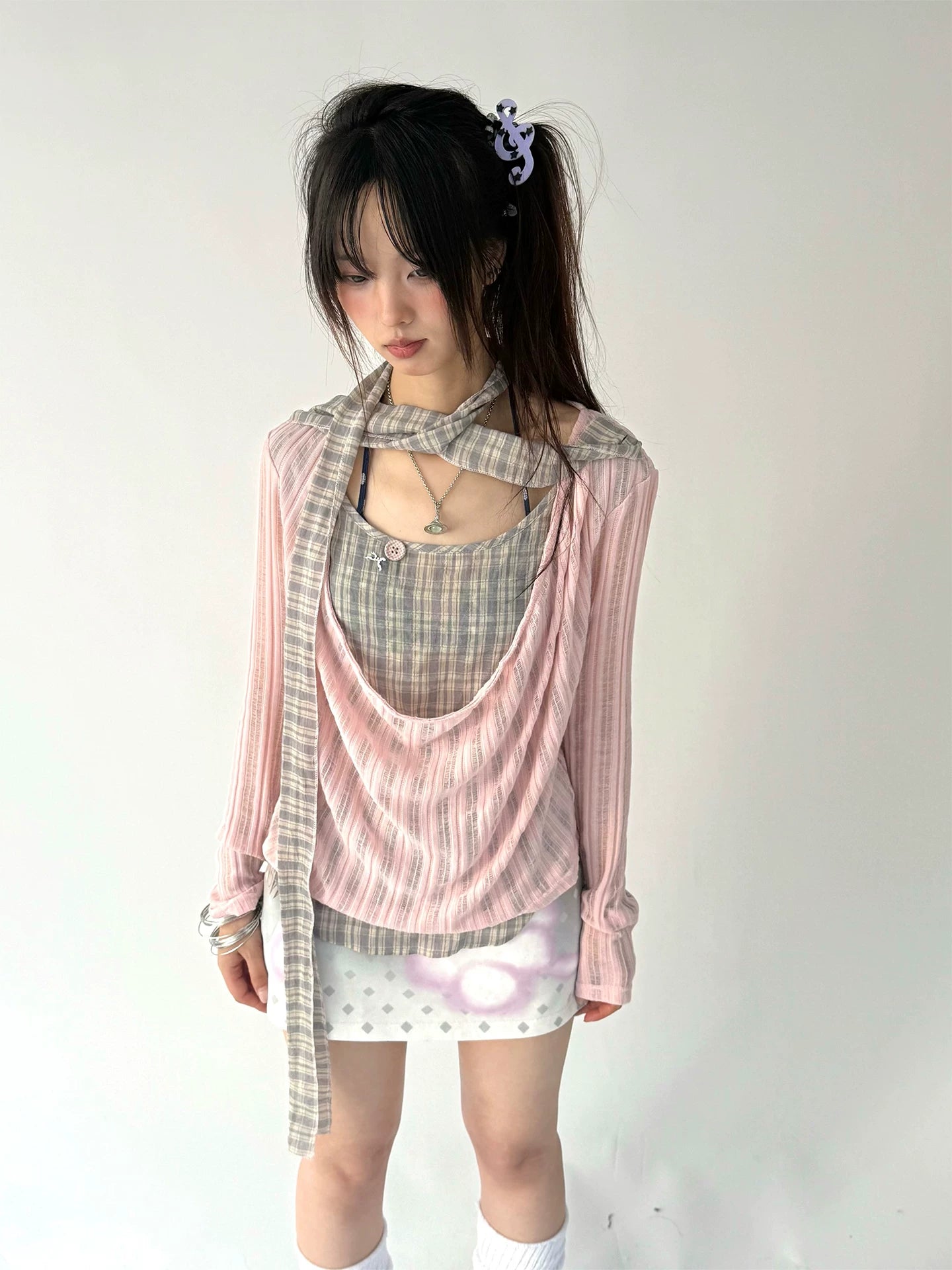 Plaid Ripped Fake Layered Long Sleeve T-Shirt