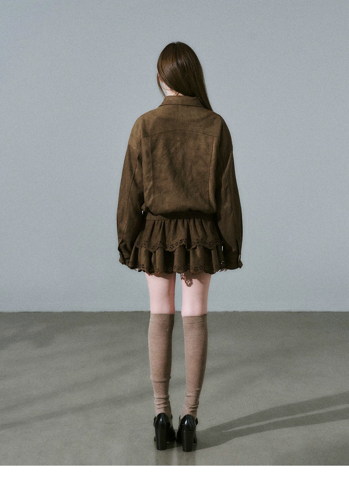 Suede Zipper Jacket & Scalloped Skirt Setup