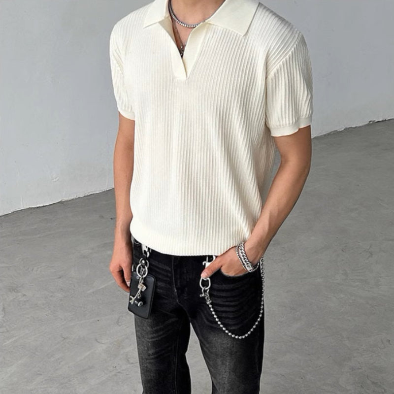 Striped Textured Summer Knit Short Sleeve Polo Shirt