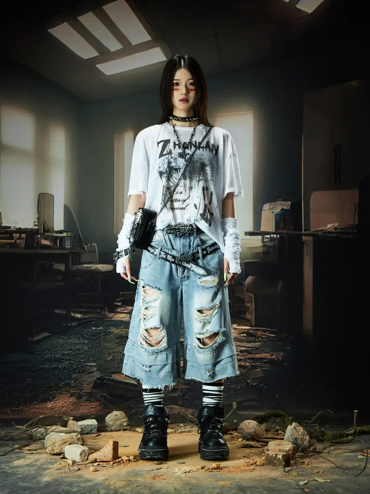 Double Waistband Ripped Washed Wide Leg Short