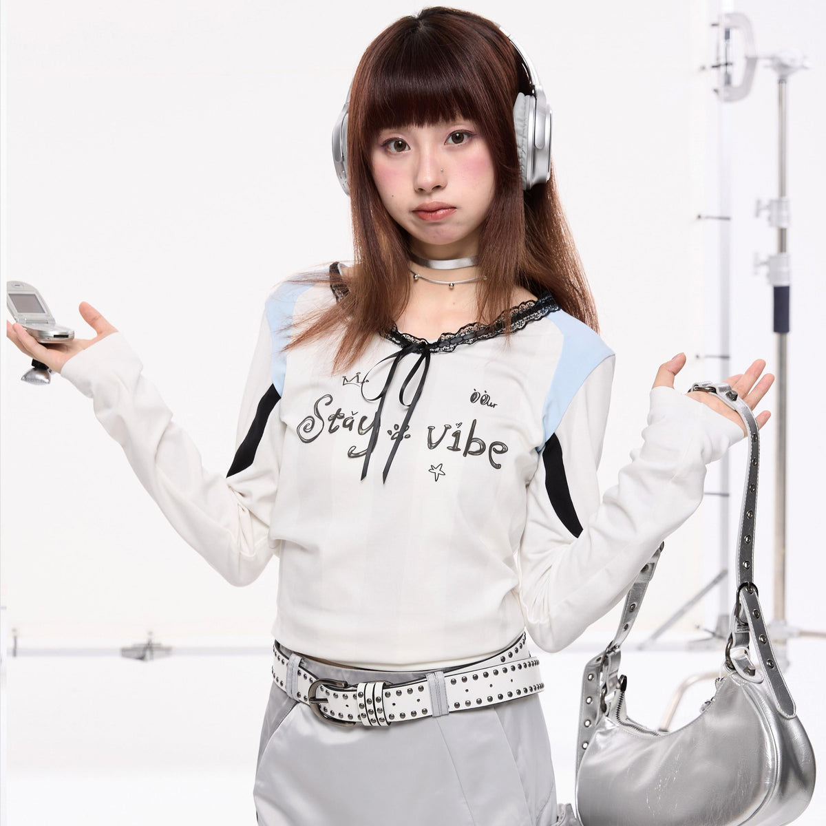 Lace Bow Collar Patchwork Jersey-Style T-Shirt