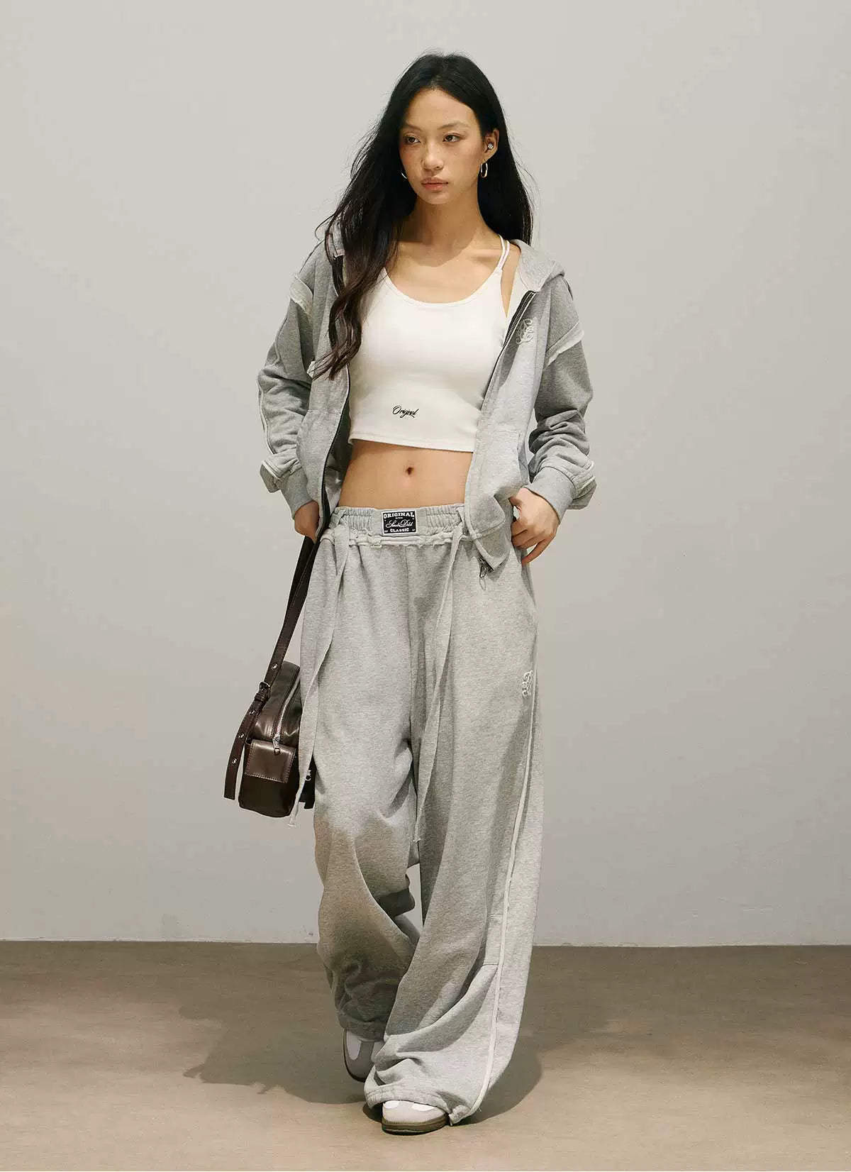 Plain Zip Hoodie & Drawstring Wide Leg Sweatpants Setup
