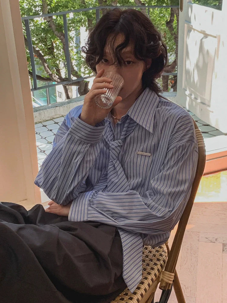 With Tie Striped Oversize Long Sleeve Shirt