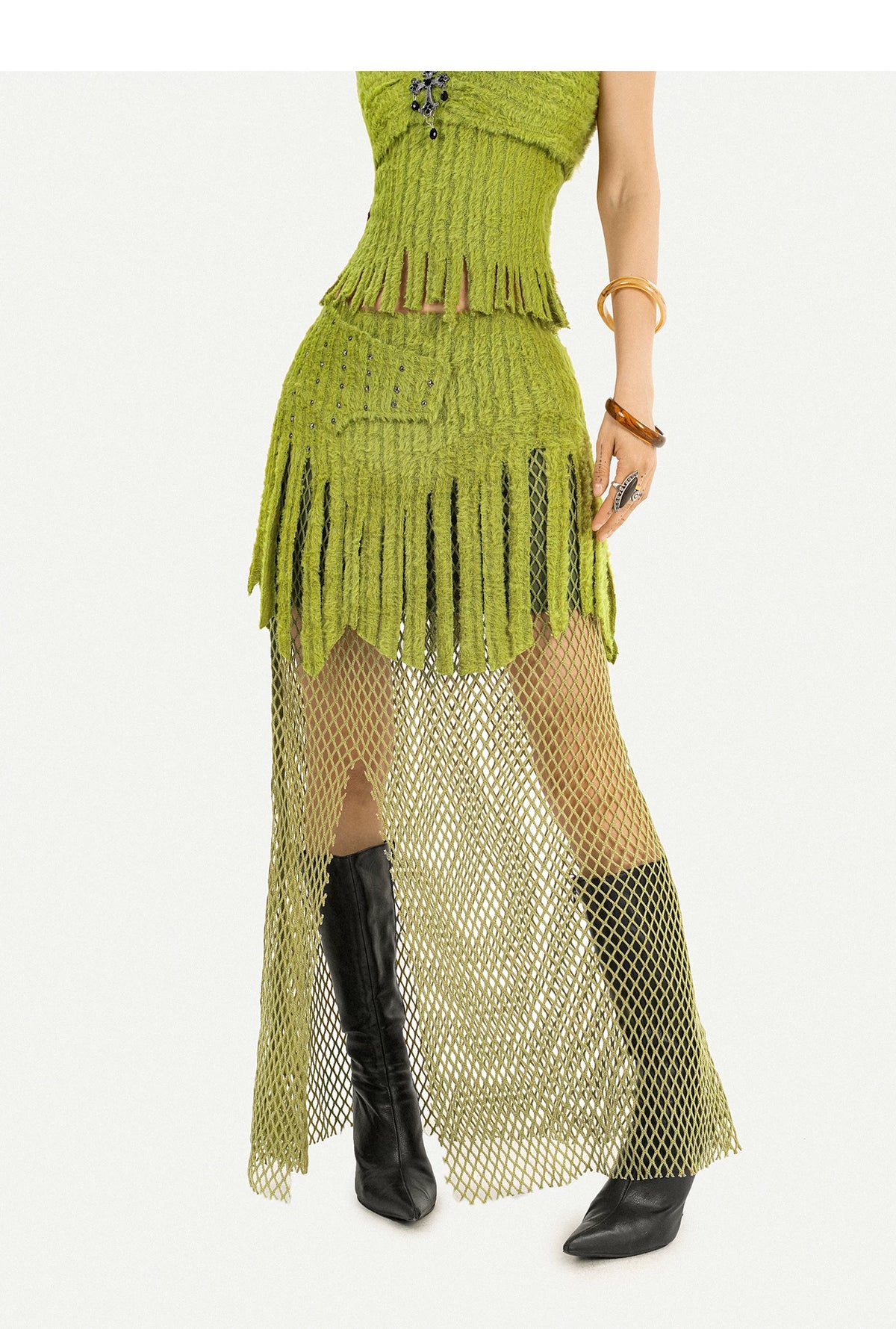 Fake Fur Patchwork Mesh Knit Cardigan & Tube Top & Mesh Long Skirt Setup