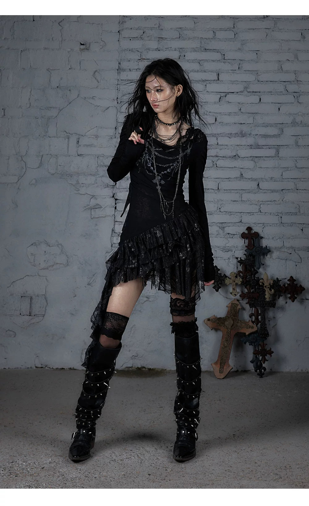 Lace Hooded Asymmetric Ruffle Dress