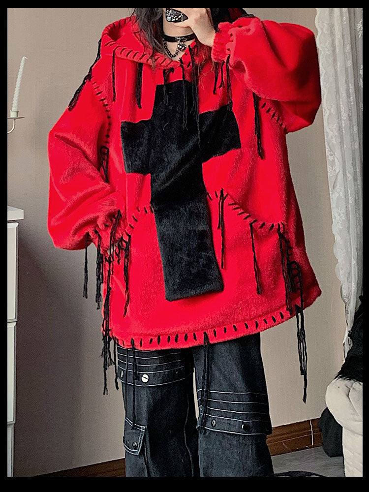 Fake Fur Hooded Cross Detail Hoodie