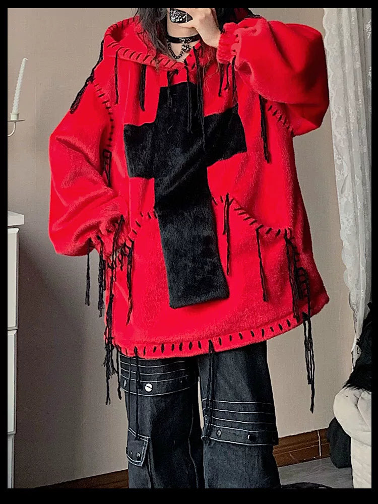 Fake Fur Hooded Cross Detail Hoodie