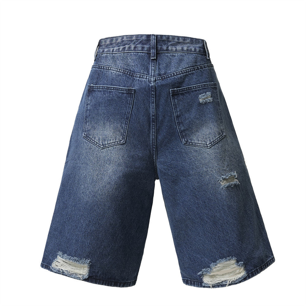 Pierced Distressed Denim Shorts