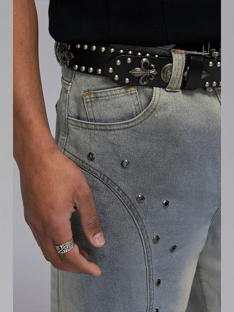 Panel Perforated Wash Straight Denim Short
