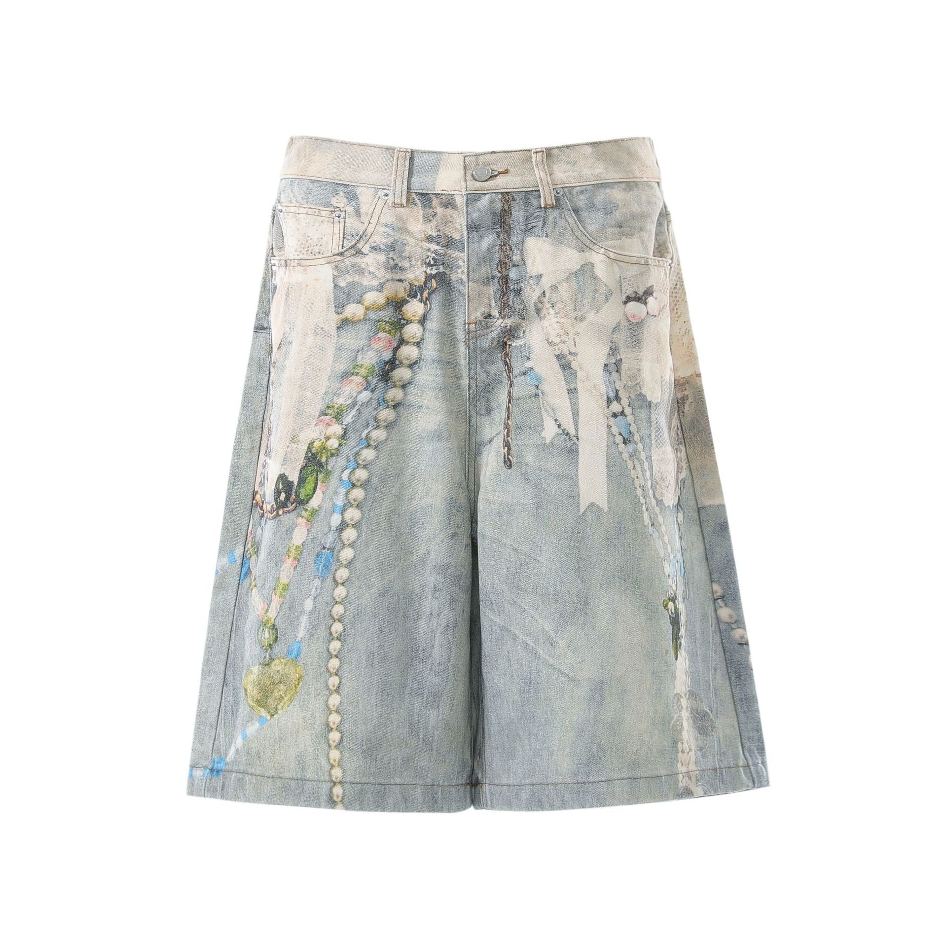 Pearl Chain Collage Print Denim Jort