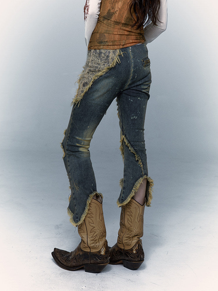 Damage Asymmetric Flare Denim Jeans
