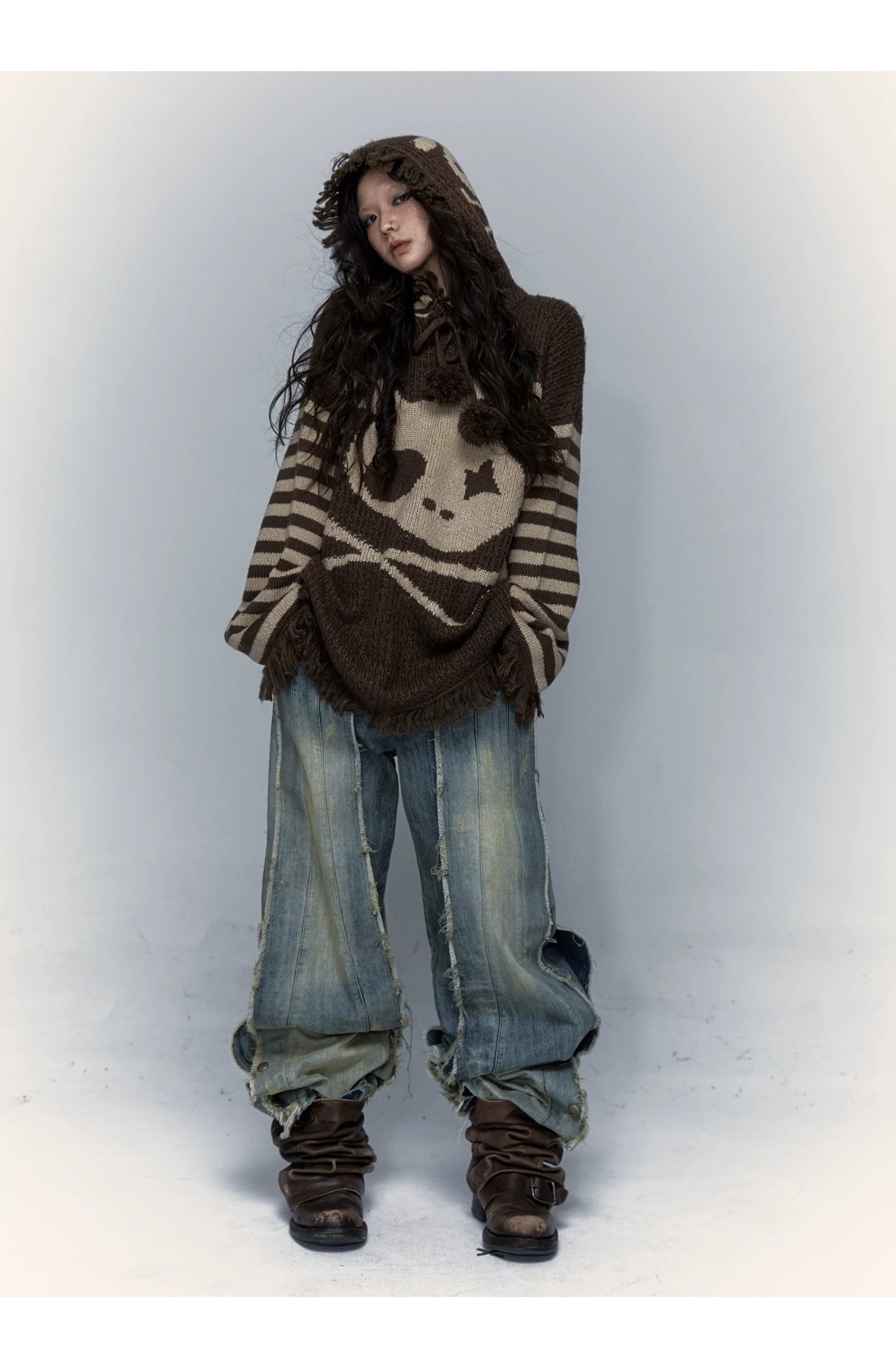 Skull Print Stripe Oversize Knit Hoodie