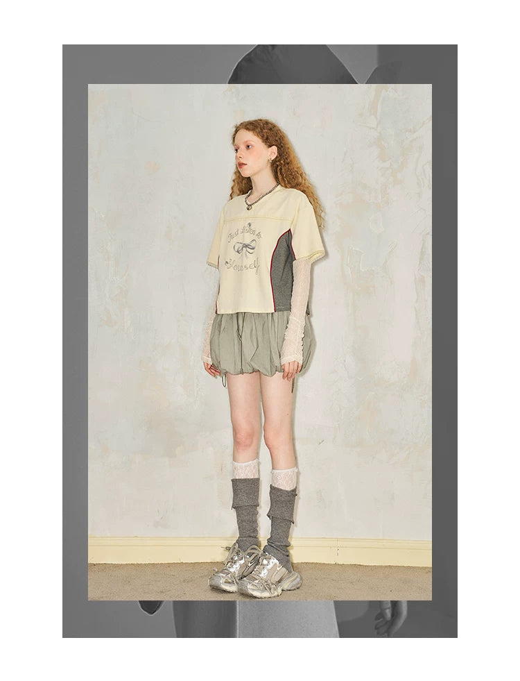 Bow Print V-Neck Short Sleeved T-Shirt