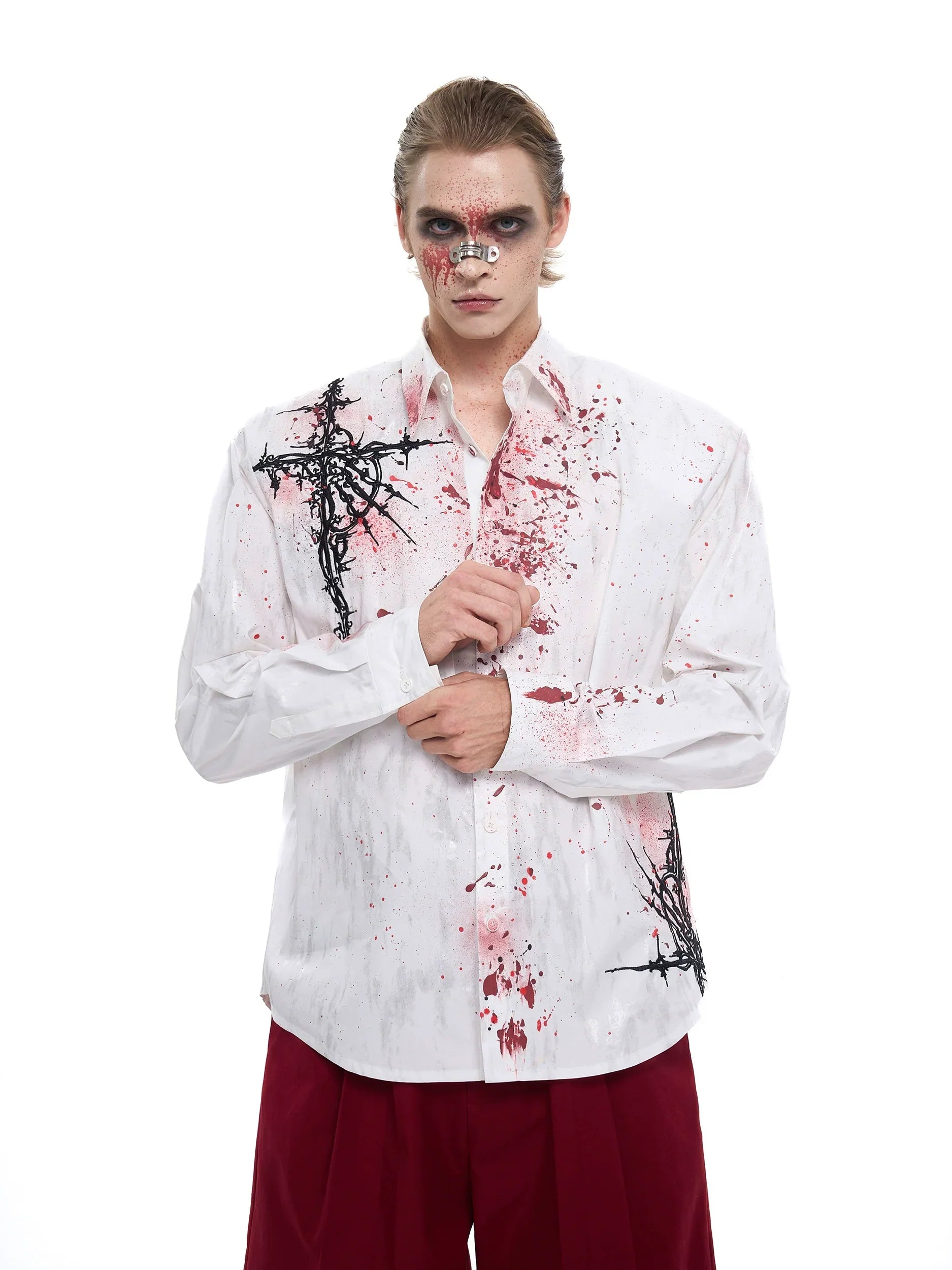 Bloodstain Foil Gothic Embroidery Shoulder-Pad Long Sleeve Shirt