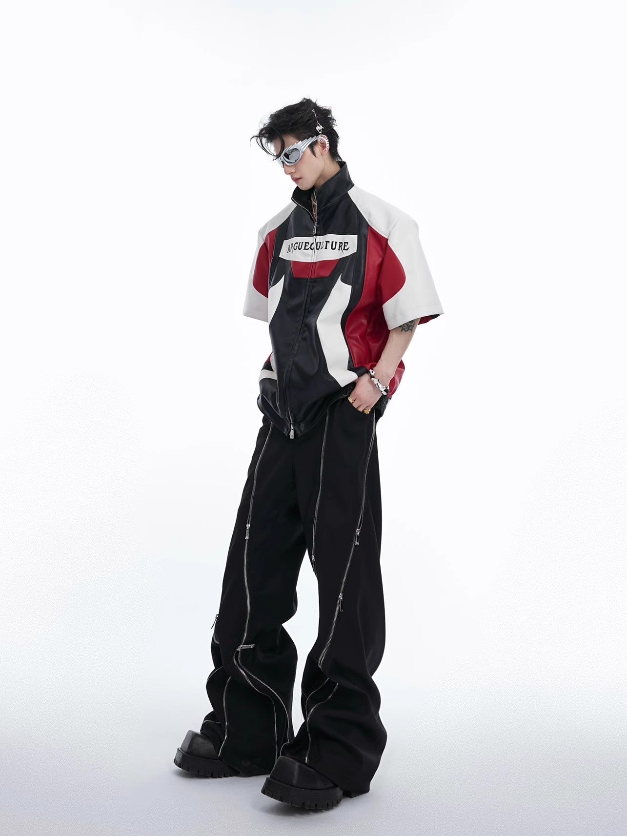 PU Leather Short Sleeve Zipper Jacket