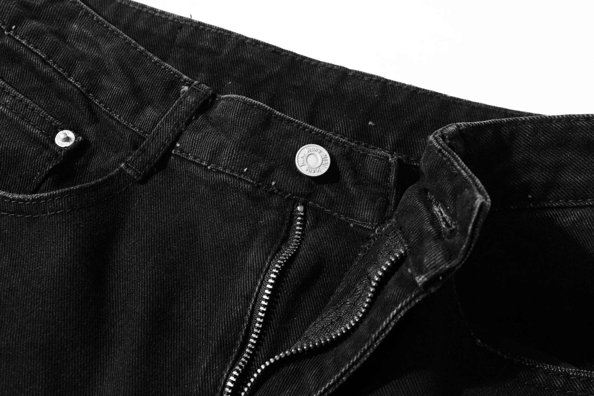 Washed Damage Multi-Pocket Straight Cargo Denim Jeans