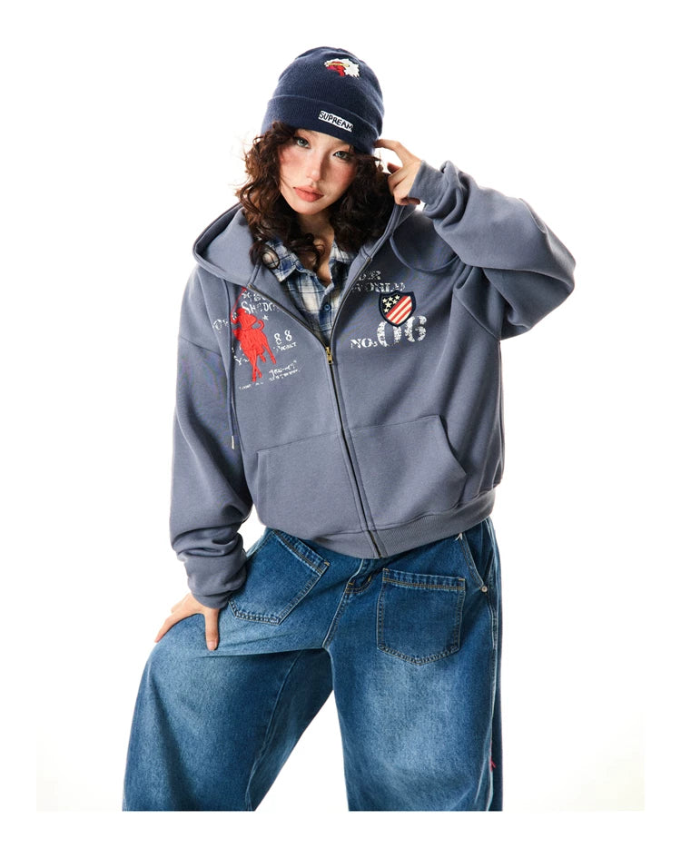 Letter Embroidery Washed Zipper Hoodie