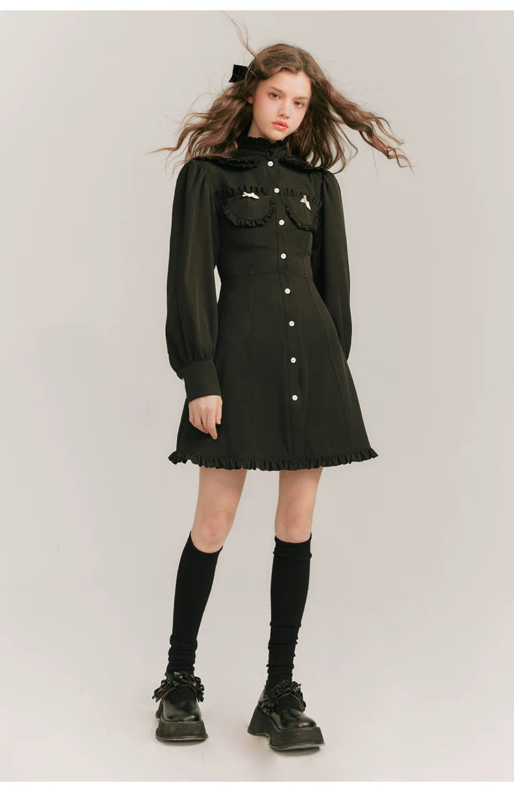 Double Neck Long Sleeve Shirt Dress