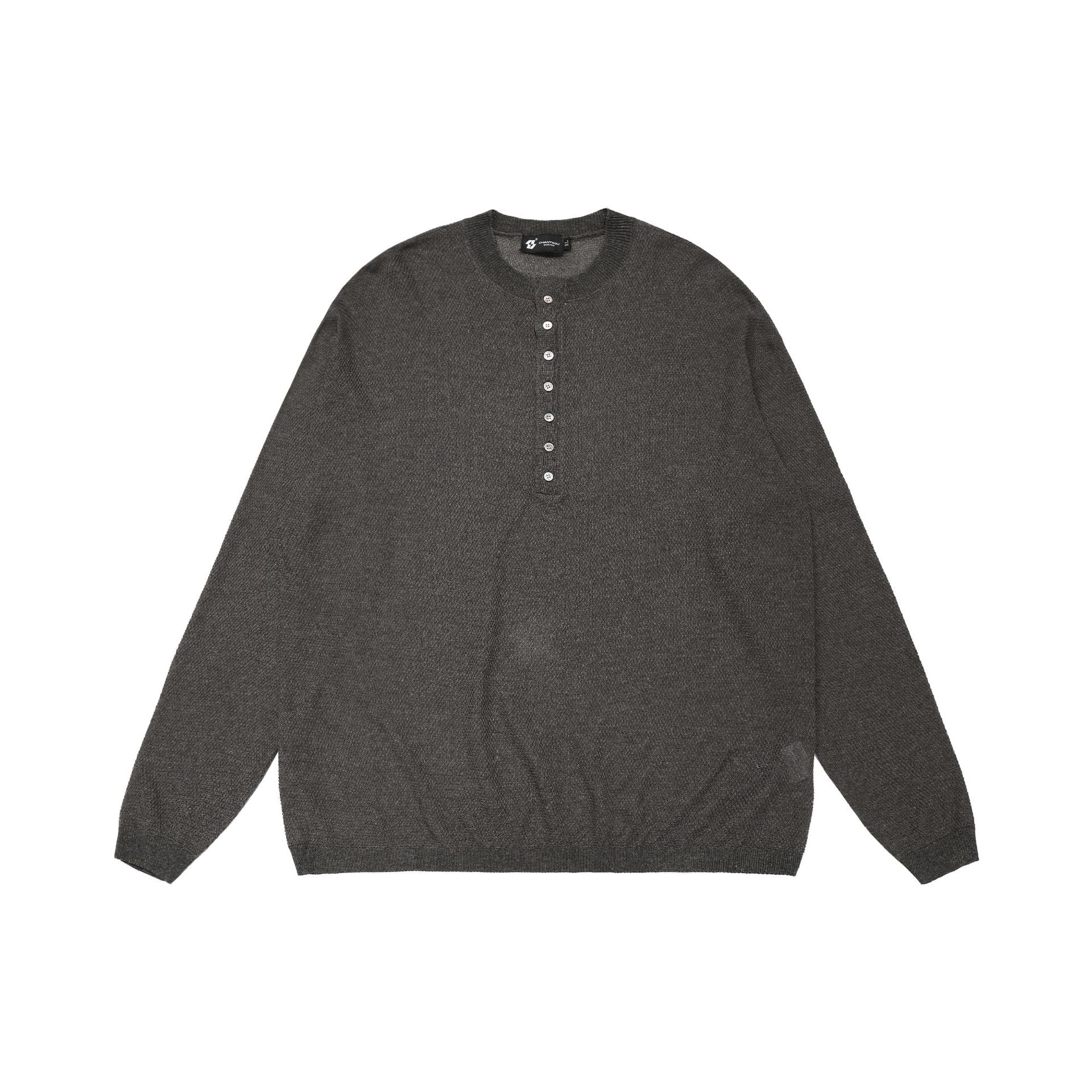 Openwork Linen Henley Neck Knit Sweater