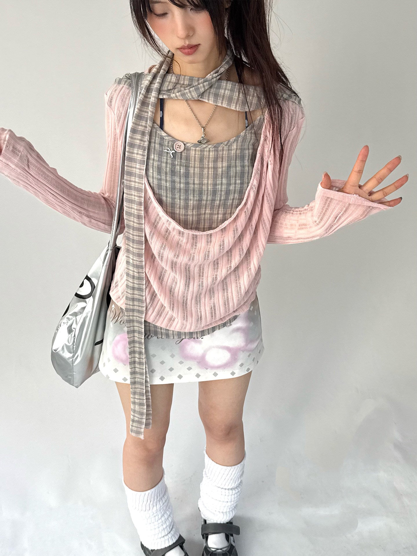 Plaid Ripped Fake Layered Long Sleeve T-Shirt