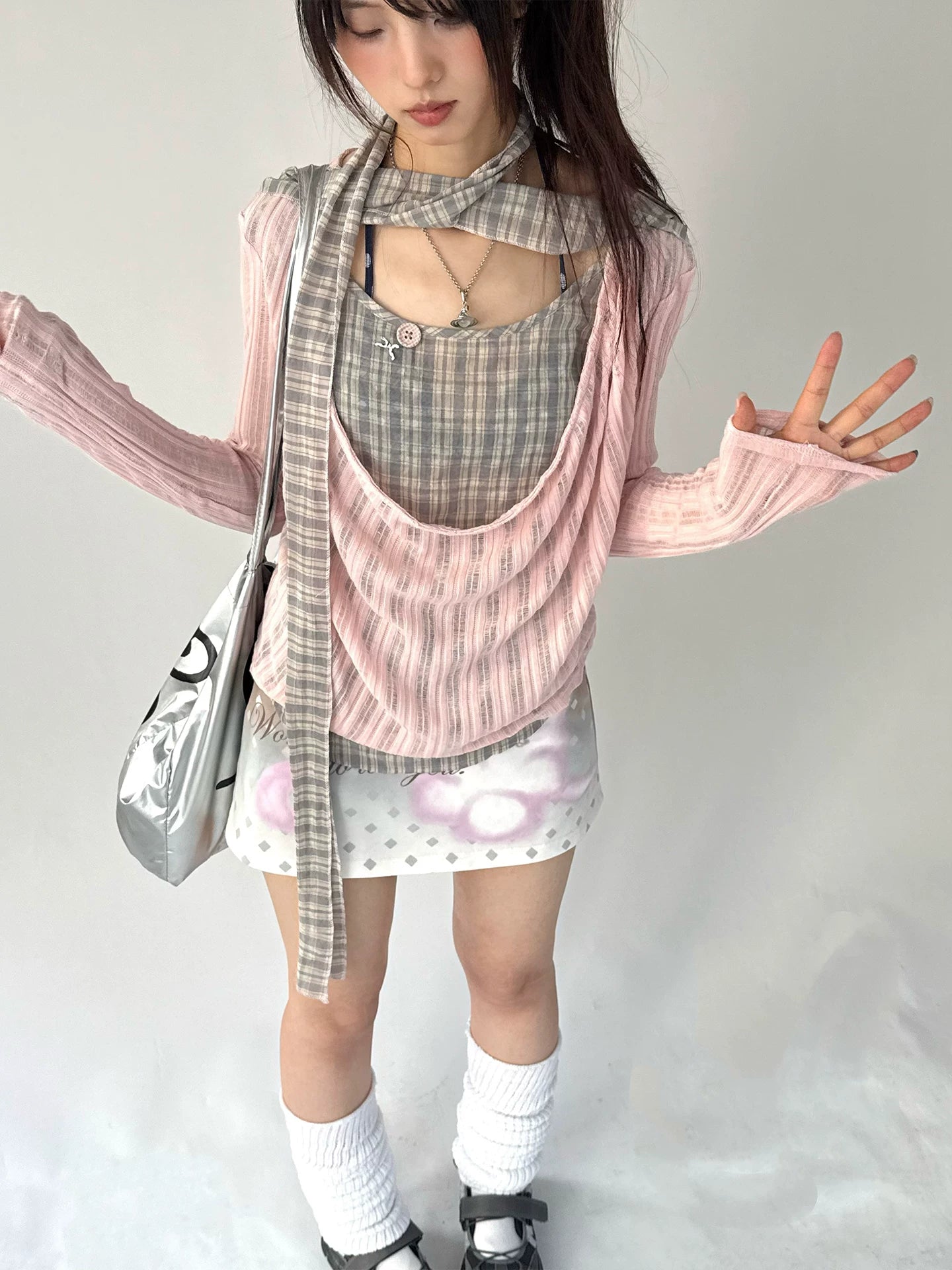 Plaid Ripped Fake Layered Long Sleeve T-Shirt