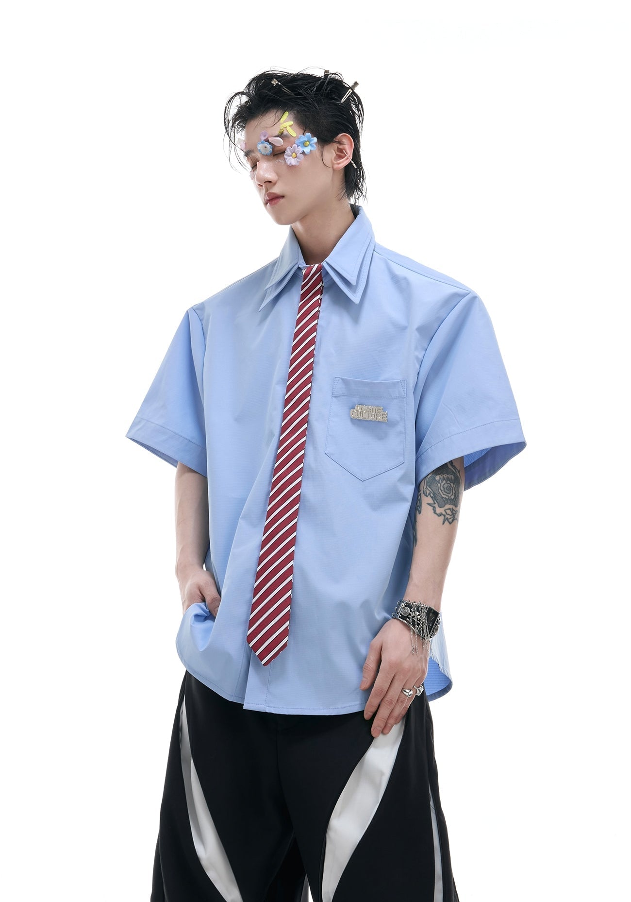 Double Collar Design Tie & Collared Short Sleeve Shirt