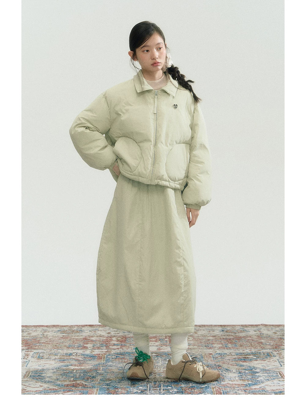Drawstring Short Puffer Jacket & Pleated Skirt Setup