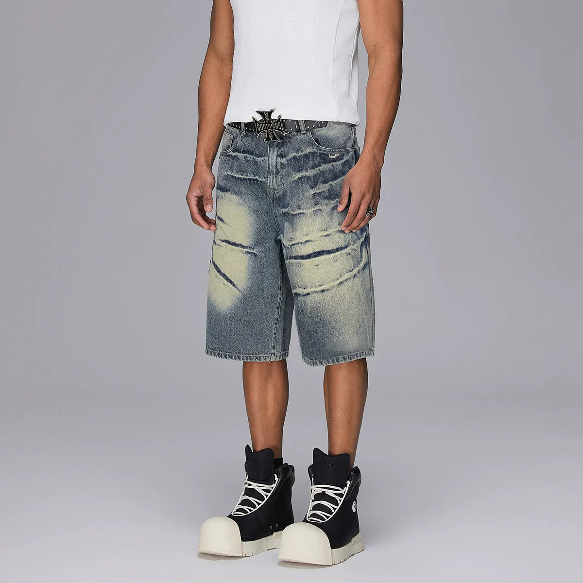 Washed Whisker Design Wide Leg Denim Short