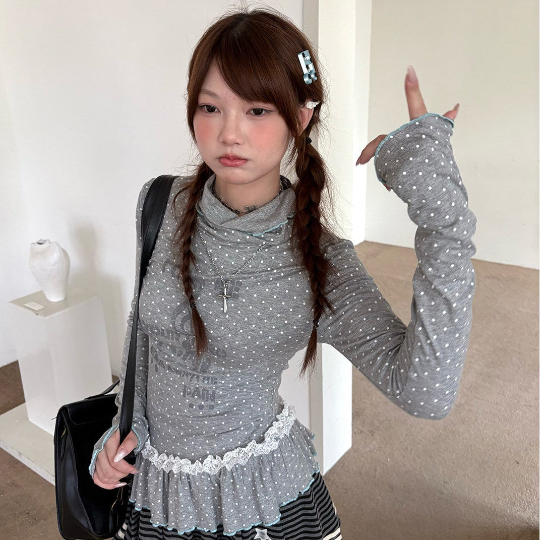 Polka Dot Lace High-Neck Long Sleeve T-Shirt