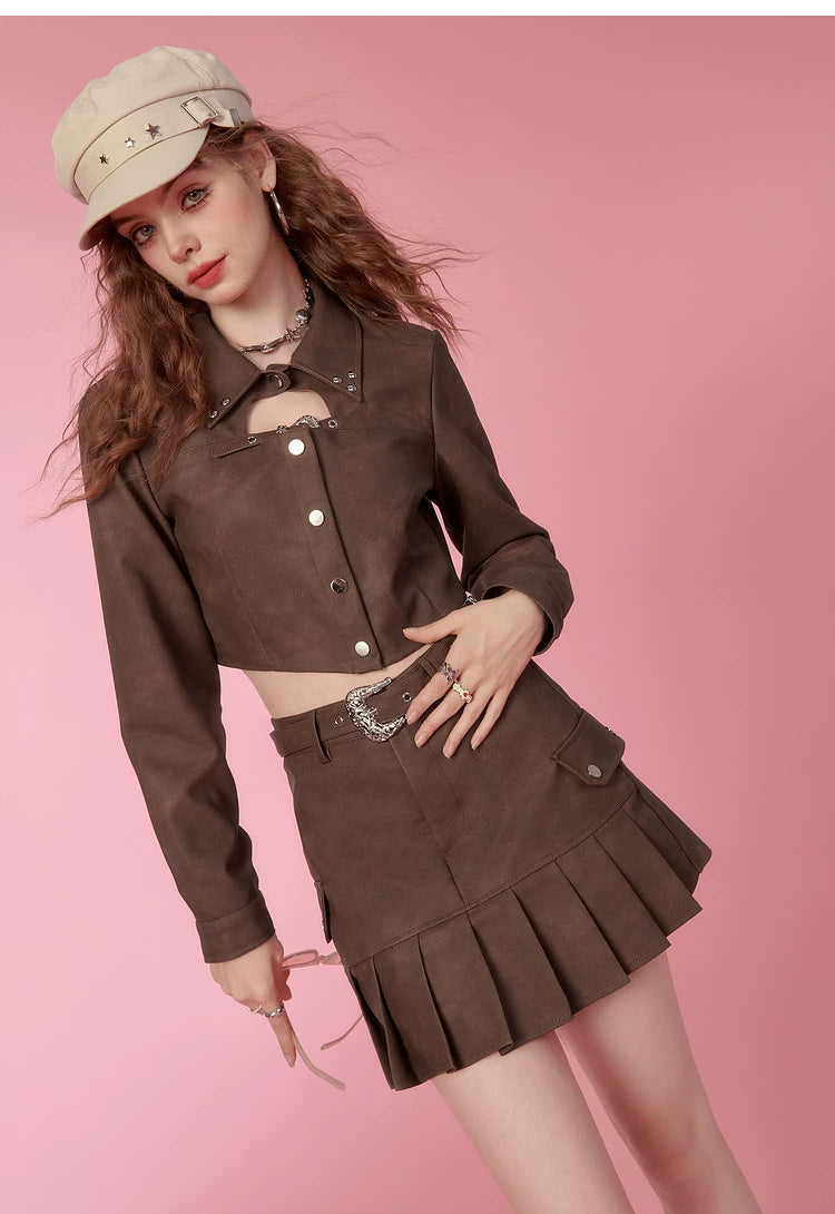 PU Leather Short Jacket & Short Pleats Skirt Setup