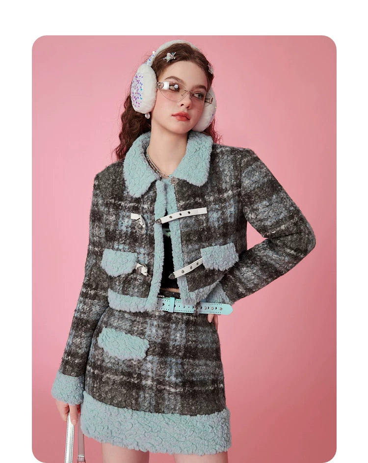 Fake Shearling Short Jacket & Pencil Skirt Setup