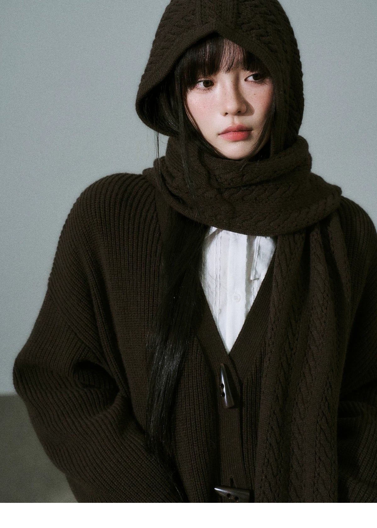 Hooded Horn Button Fleece Lining Knit Cardigan