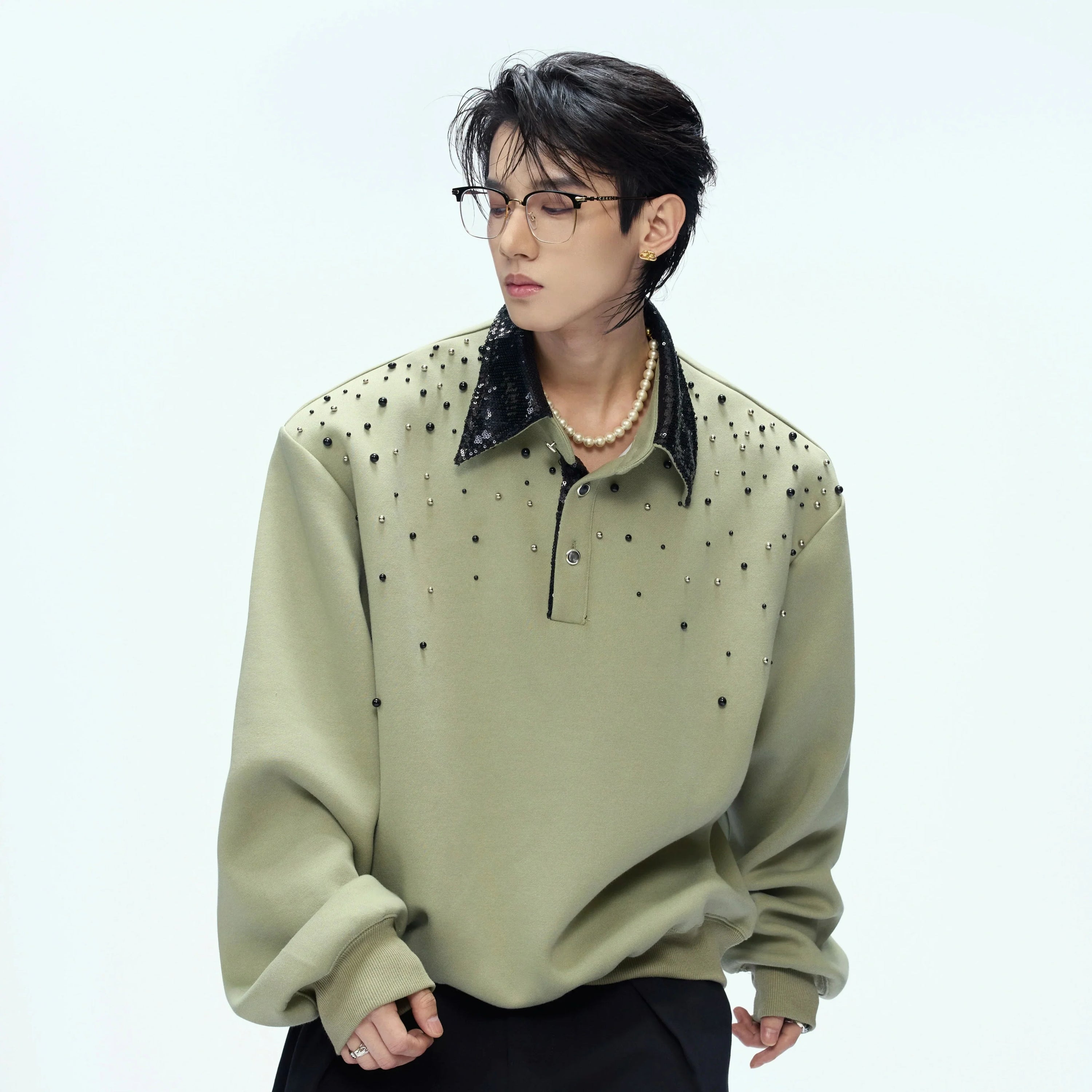 Pearl Sequin Long Sleeve Polo Shirt