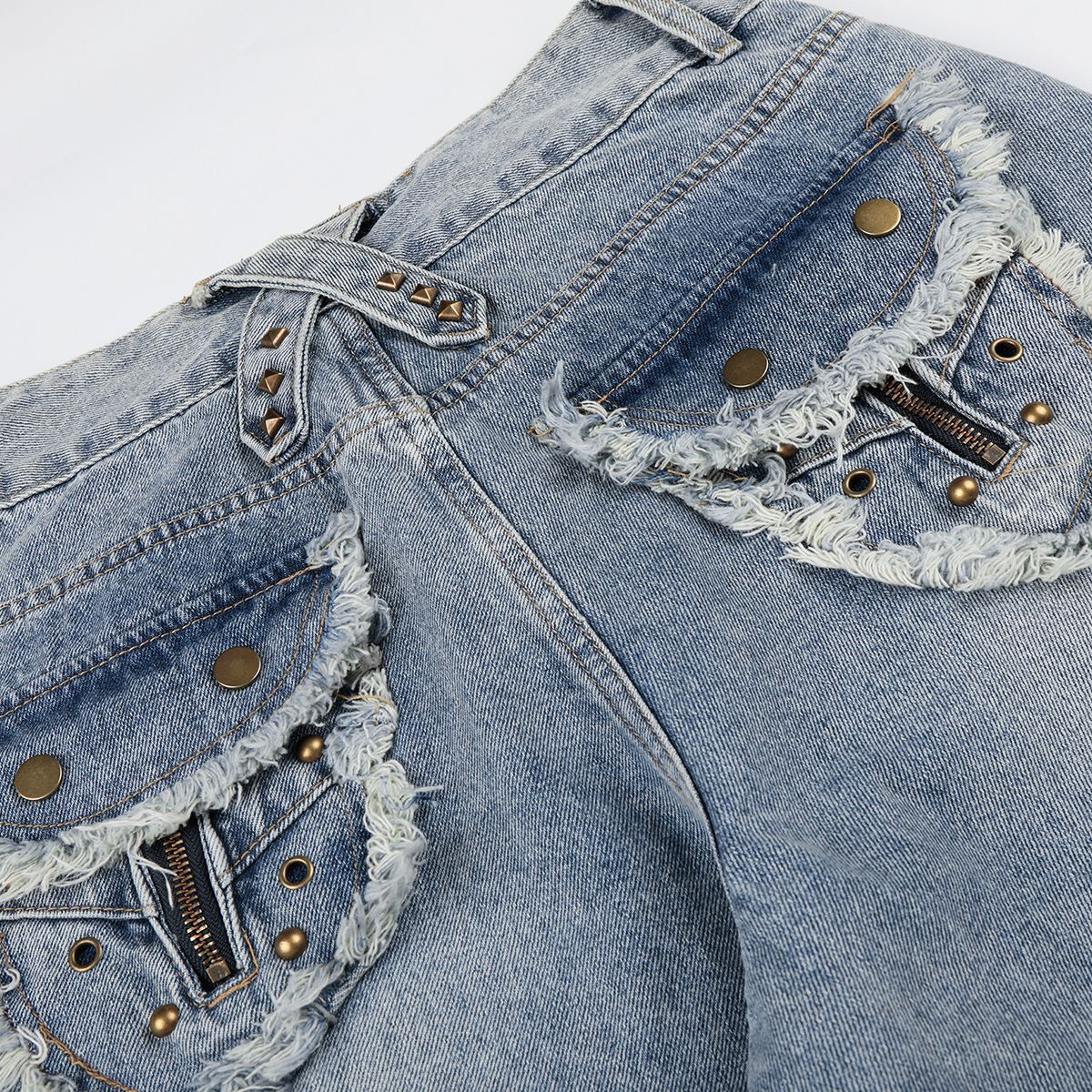 Fringe Studs Wide Leg Denim Jeans