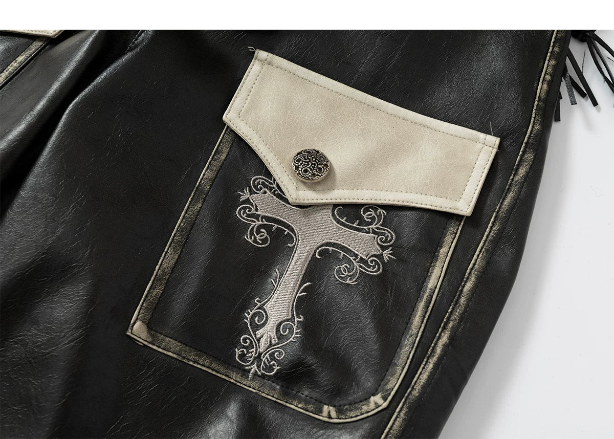 Lace Panel Buckle Detail Wide Leg PU Leather Pants