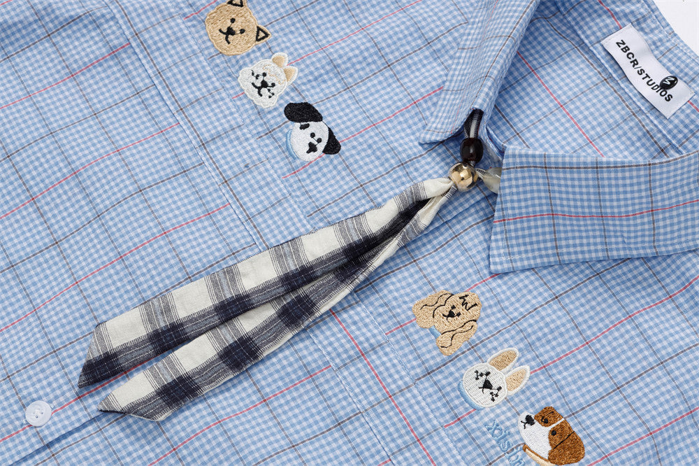 Cartoon-Embroidered Plaid Button-Up Shirt