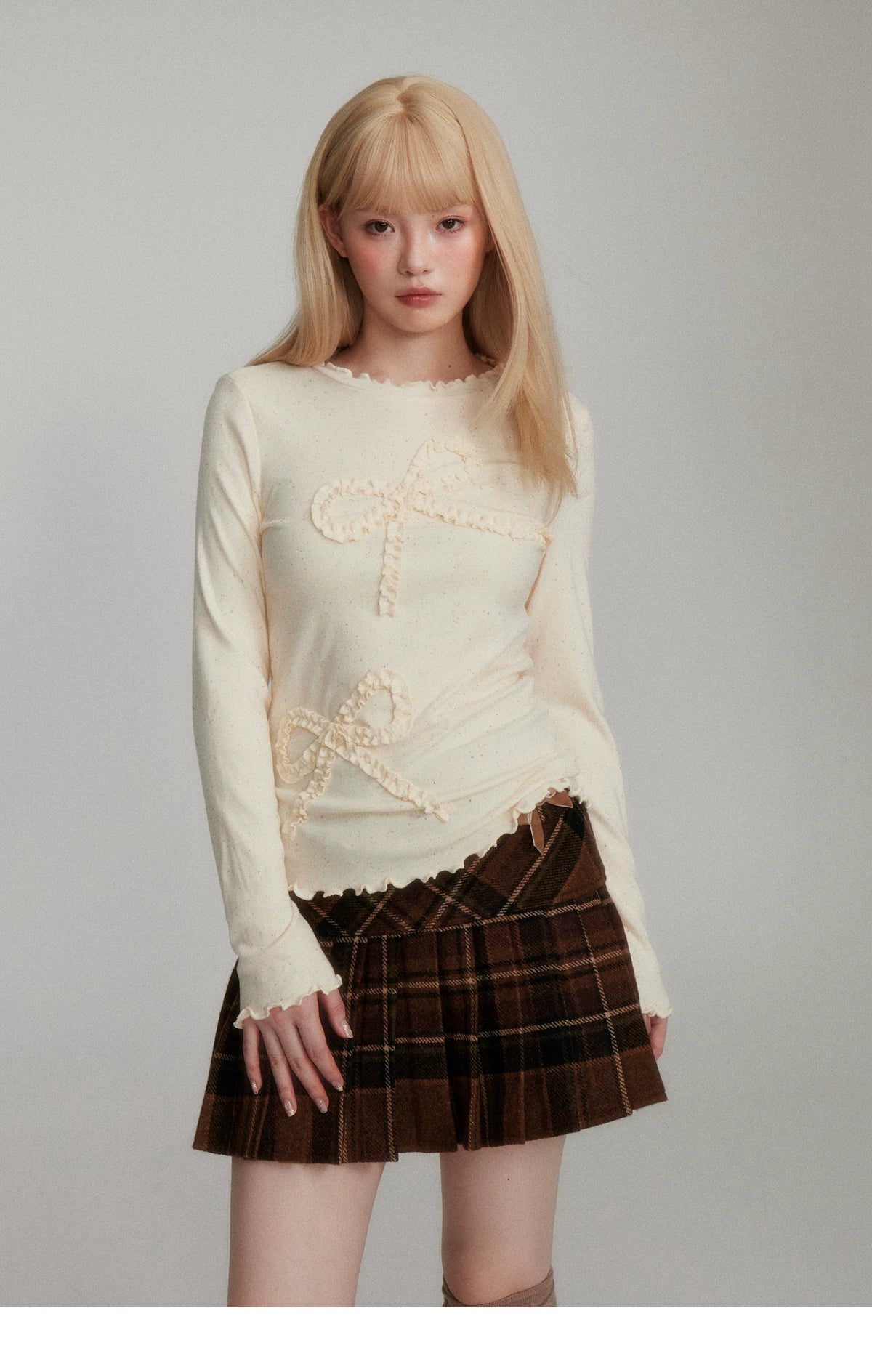 Dot Pattern Bow Lyocell Thermal Long Sleeve T-Shirt