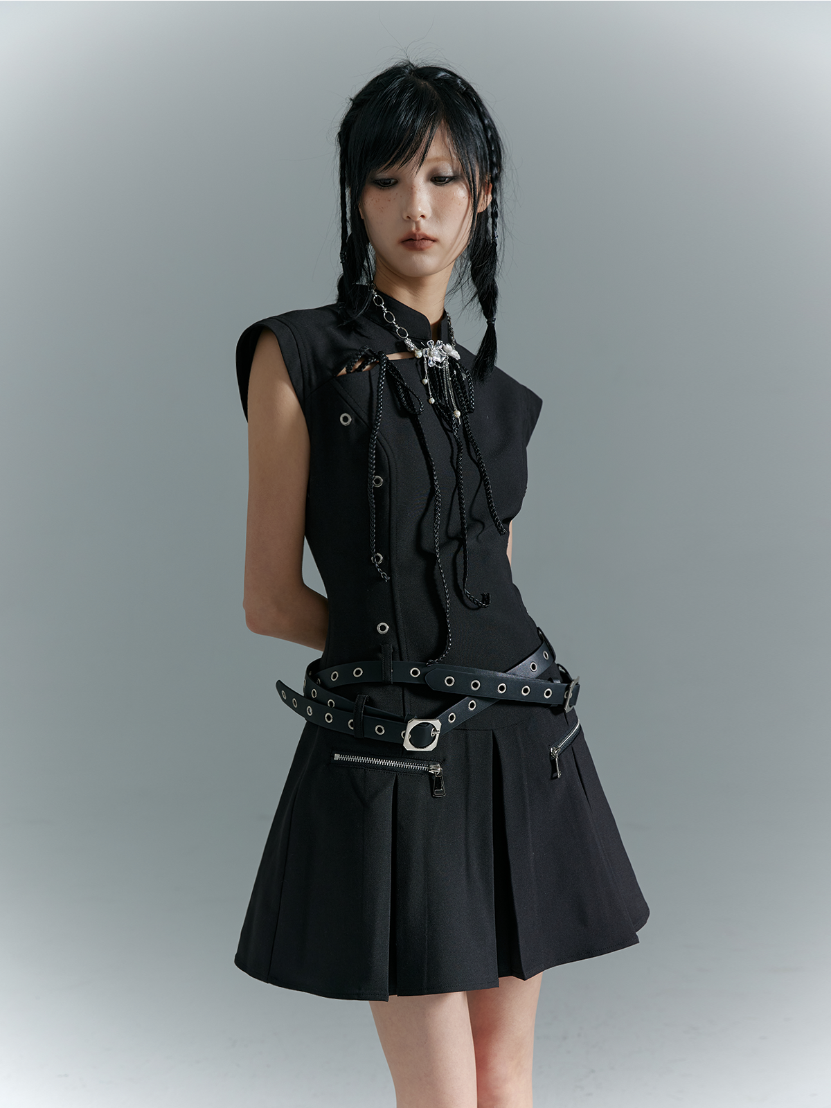 Cutout Pleats Qipao Sleeveless Dress With Belt