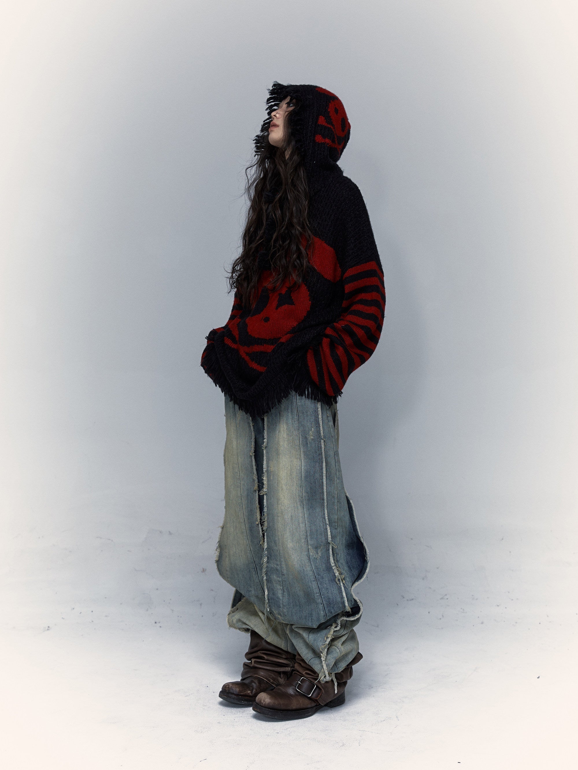 Skull Print Stripe Oversize Knit Hoodie