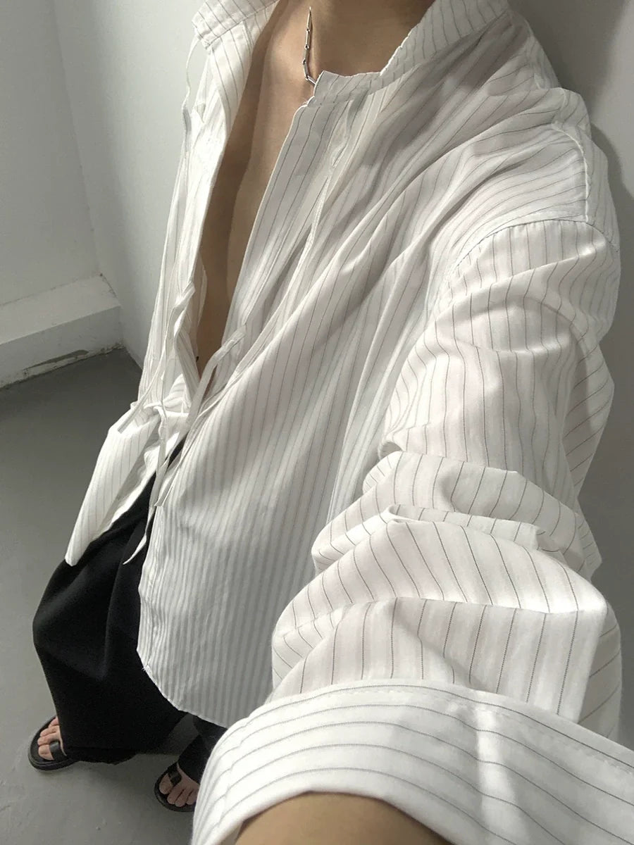 Drawstring Oversize Striped Long Sleeve Shirt