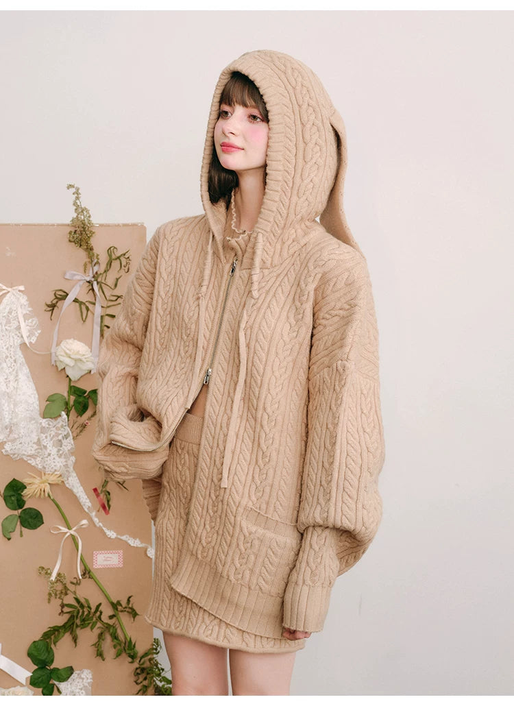Bunny Hare Ear Hooded Zipper Knit Cardigan & Knit Skirt Setup