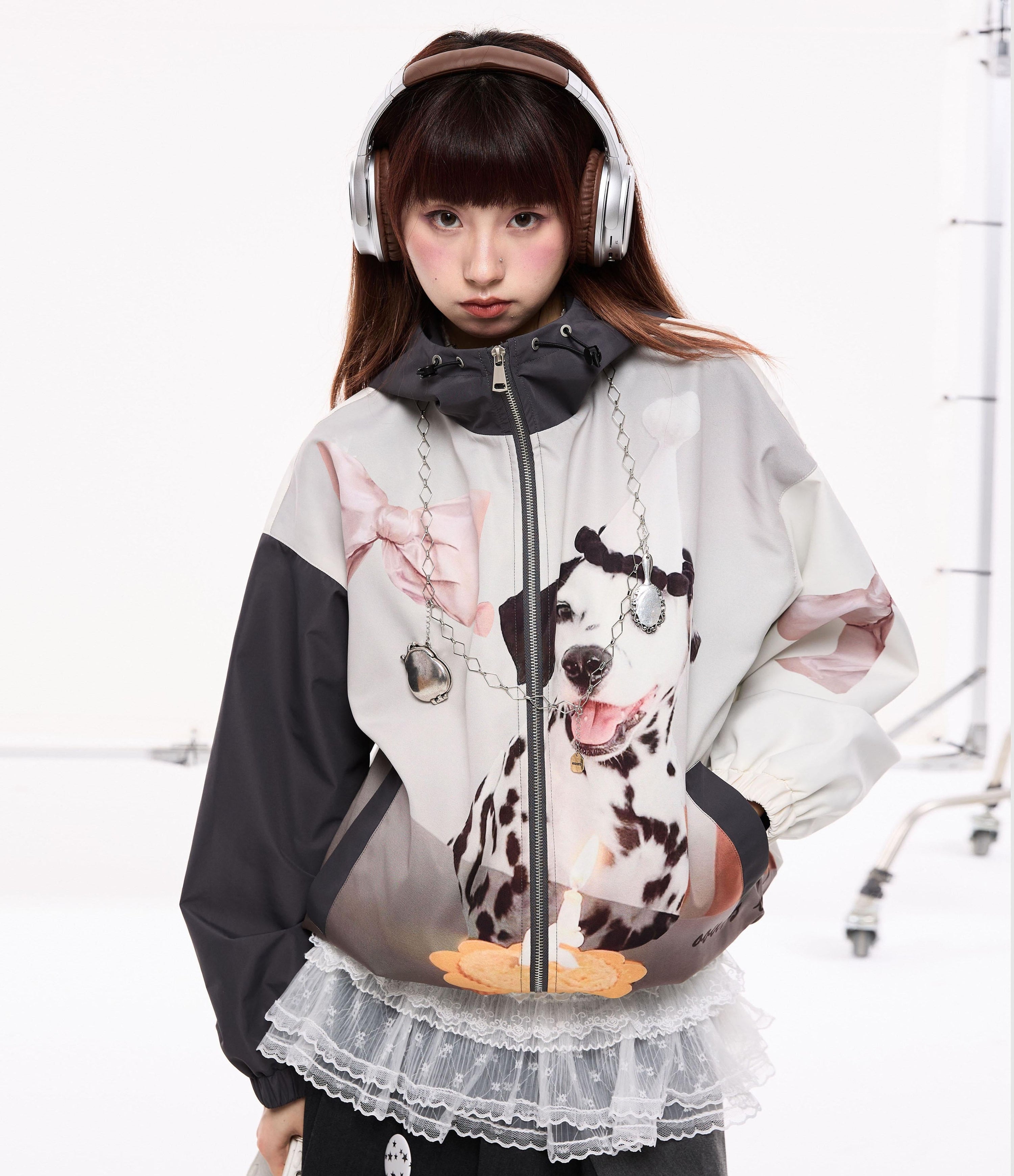 Dalmatian Print Contrast Patchwork Hooded Zipper Jacket
