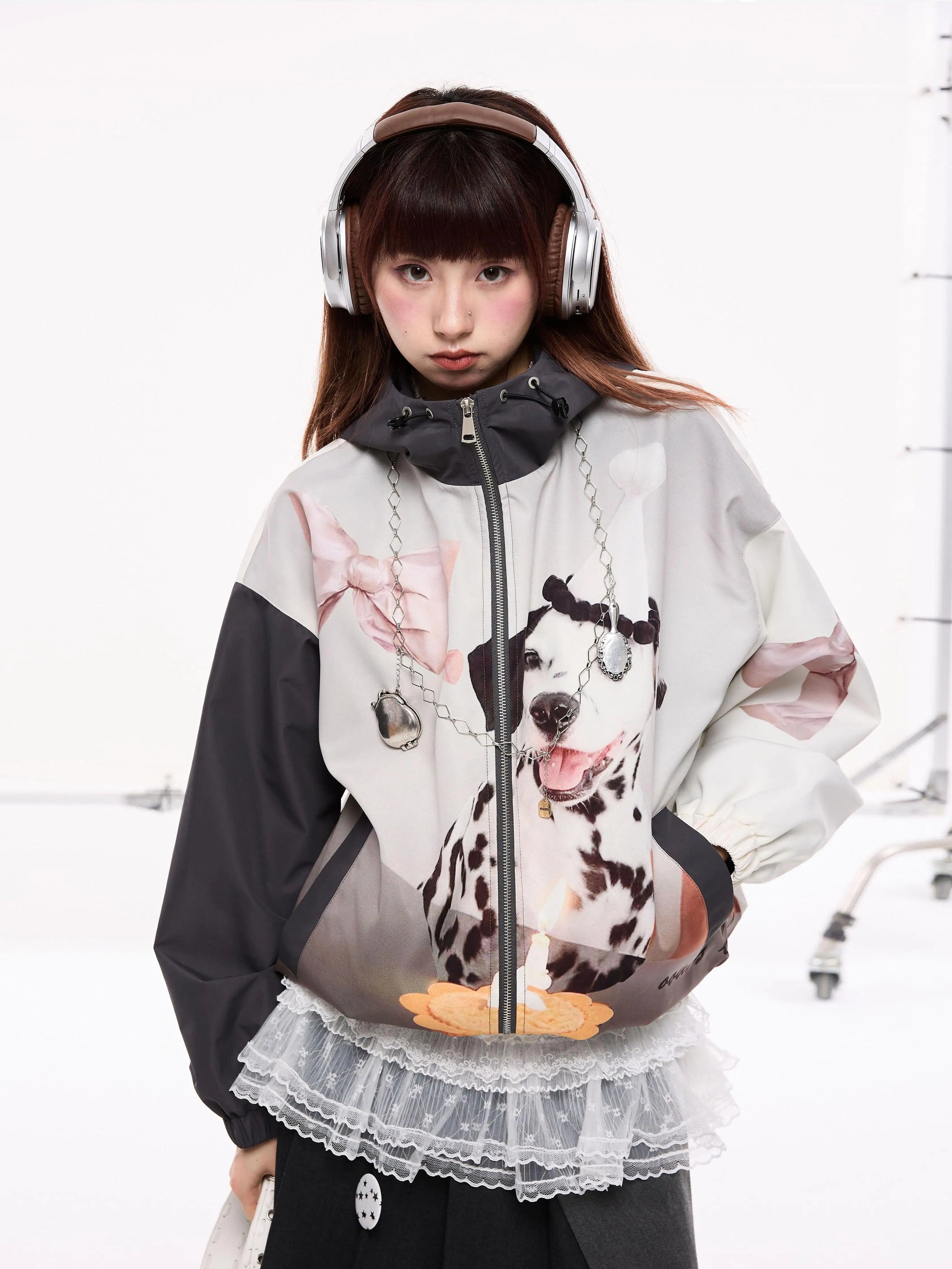 Dalmatian Print Contrast Patchwork Hooded Zipper Jacket