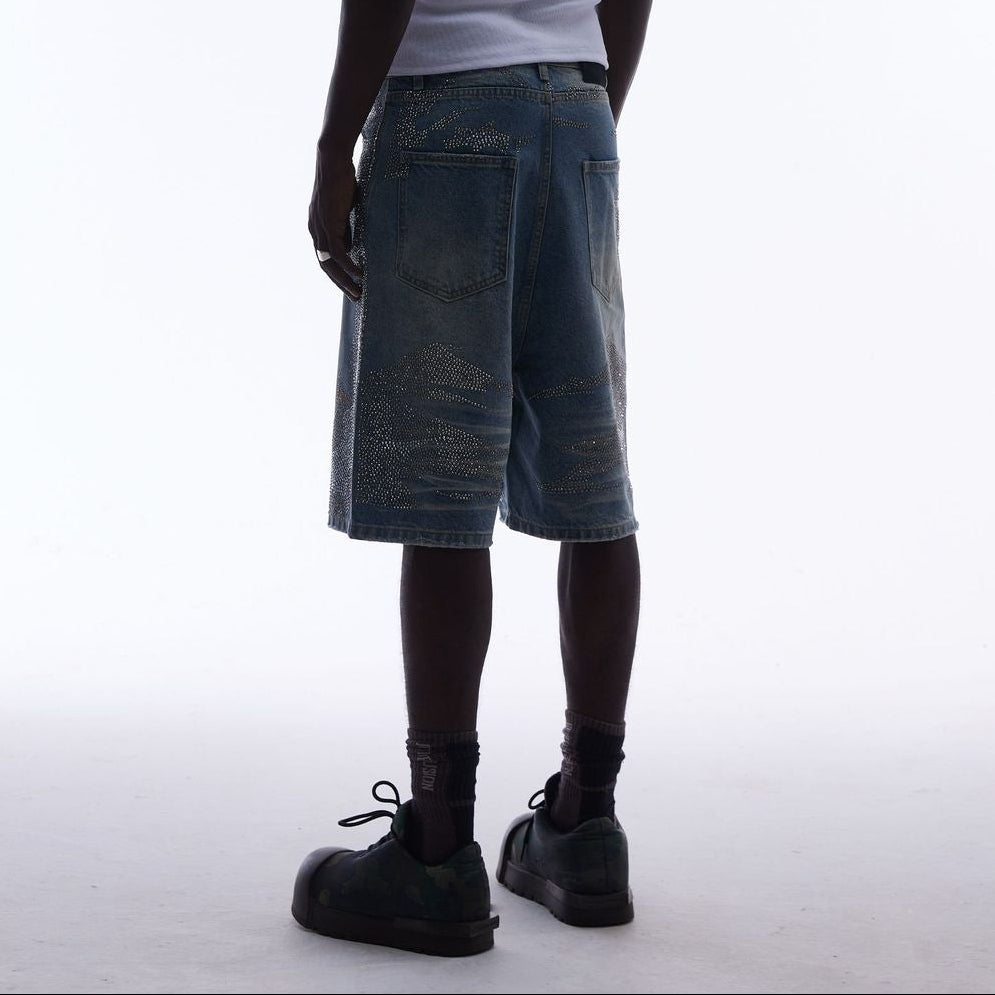Rhinestone Camouflage Wash Denim Jort