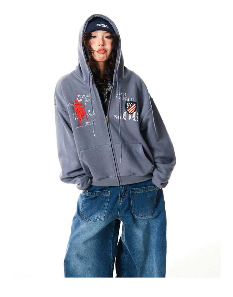 Letter Embroidery Washed Zipper Hoodie