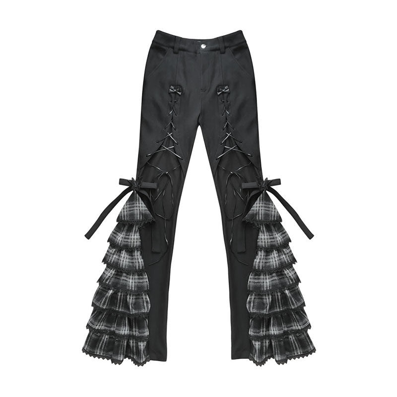Plaid Tie Detail Tiered Pants