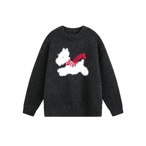 Pull de Noël vintage en peluche avec un chiot à col rond - M / Noir