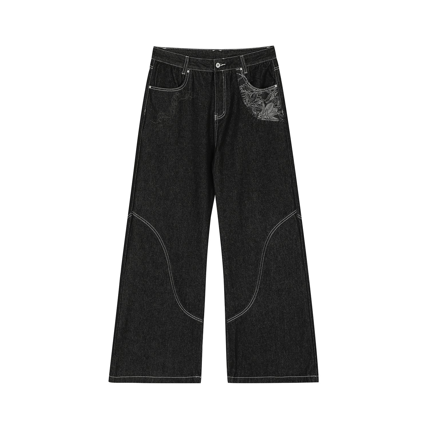 Contrast Stitch Bandana Patch Wide Leg Denim Jeans